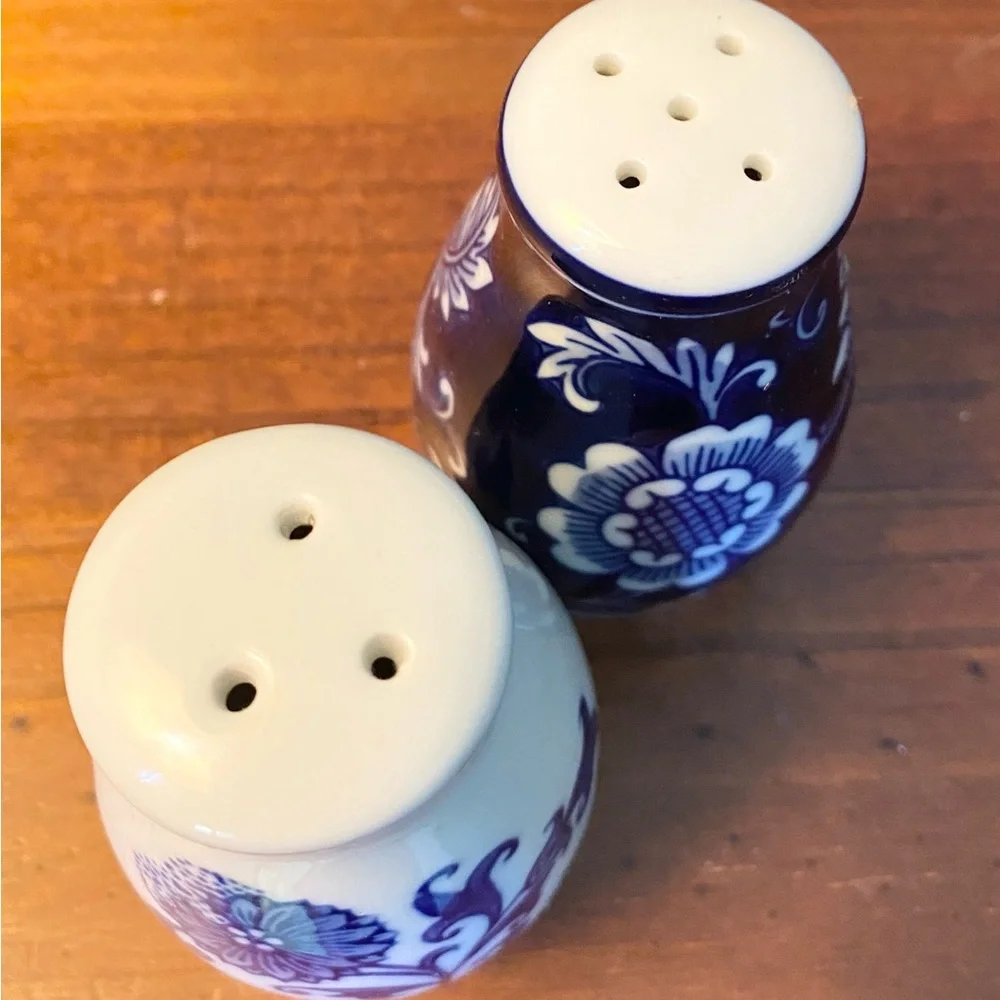 Pier 1 Vintage Blue and White Floral Scroll Design Salt and Pepper Set